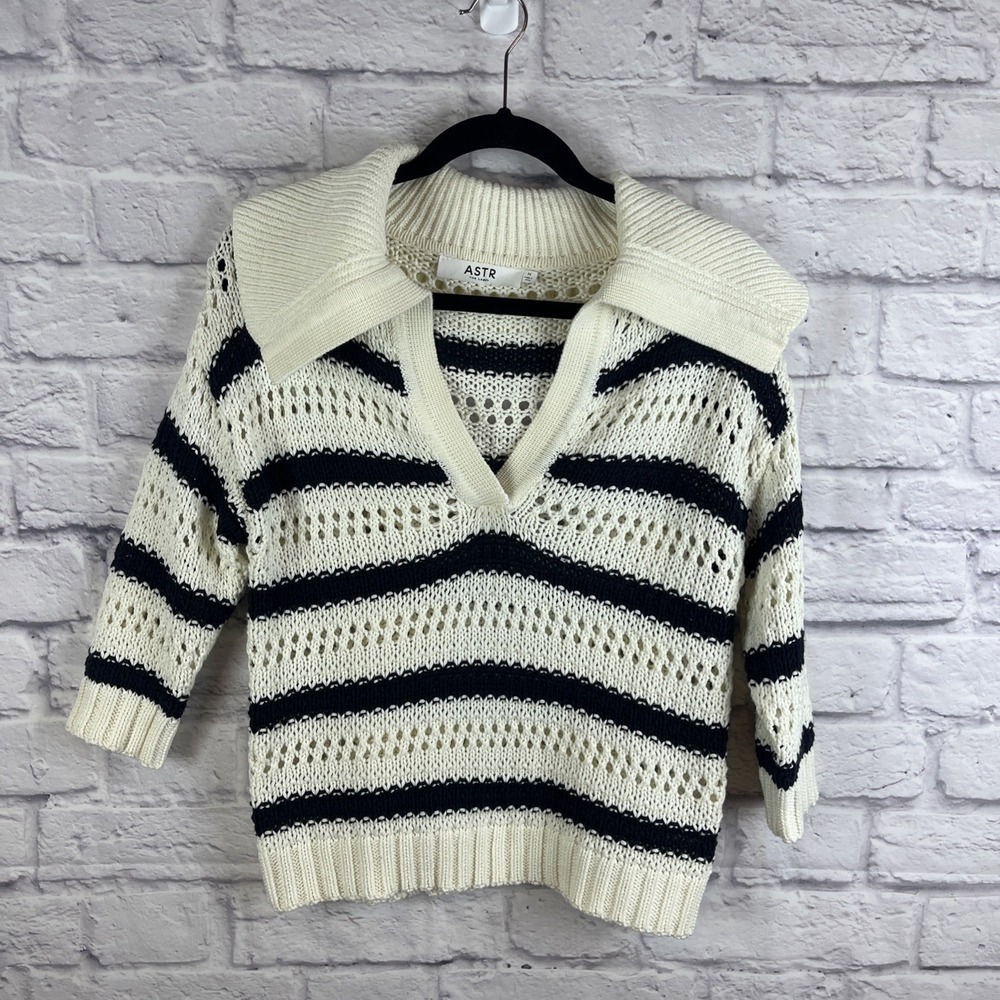 ASTR The Label Tenniscore Preppy Striped Open Knit Polo Sweater Size Medium